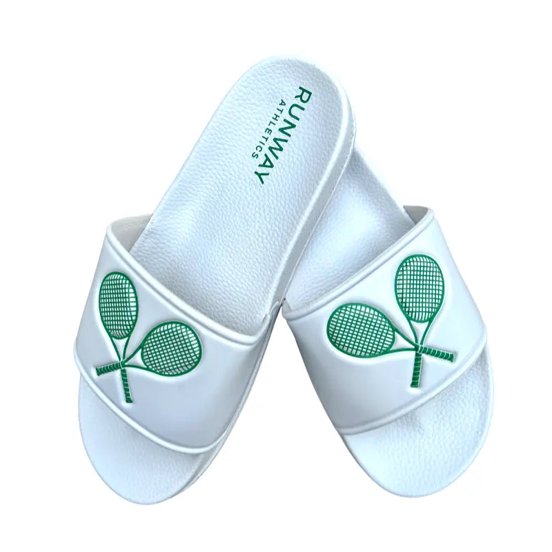 Women's Tennis Slides | After-Play Recovery Slides | Runway Athletics | White & Green Racquet Print