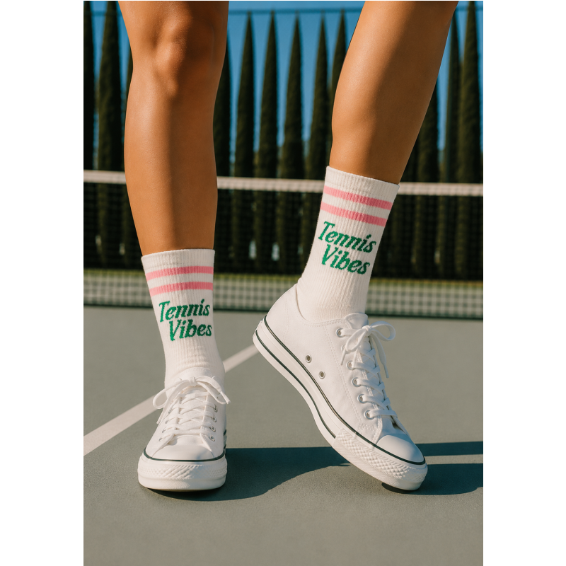 Tennis Crew Socks – Cotton Socks - Pink, Green & White Court Socks - Runway Athletics