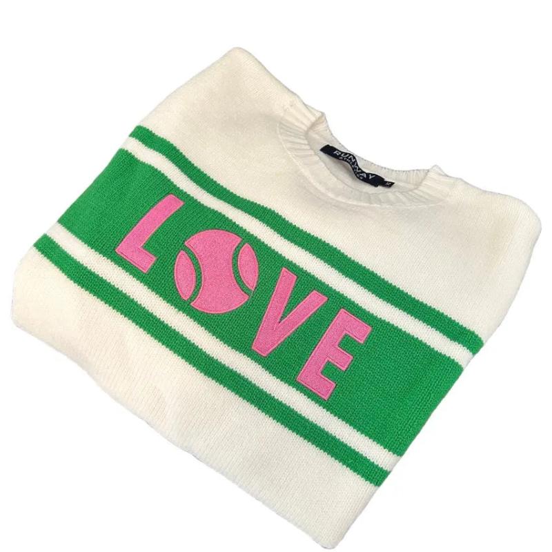 Women's Collegiate White Tennis Sweater with Pink & Green Trim | Runway Athletics