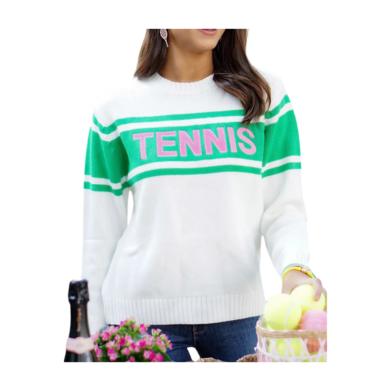 Women's Collegiate White Tennis Sweater with Pink & Green Trim | Runway Athletics