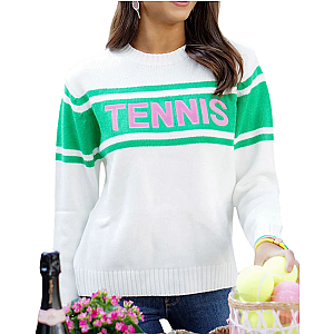 Women's Collegiate White Tennis Sweater with Pink & Green Trim | Runway Athletics