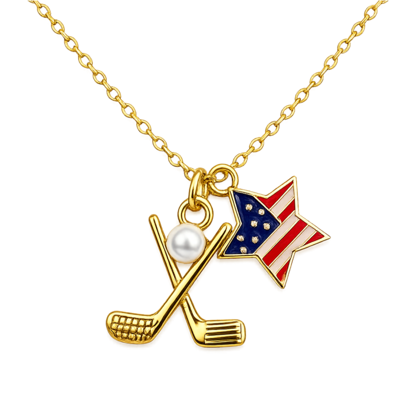 Golf Pearl USA Flag Gold Necklace