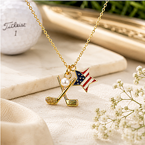 Golf Pearl USA Flag Gold Necklace