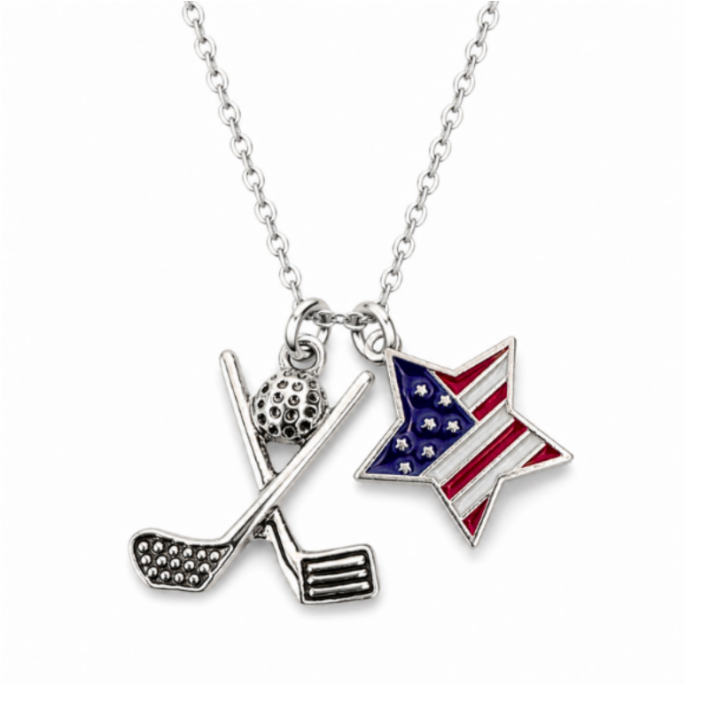 Golf USA Flag Silver Necklace