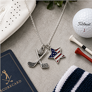 Golf USA Flag Silver Necklace