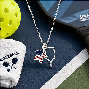 Pickleball USA Flag Silver Necklace