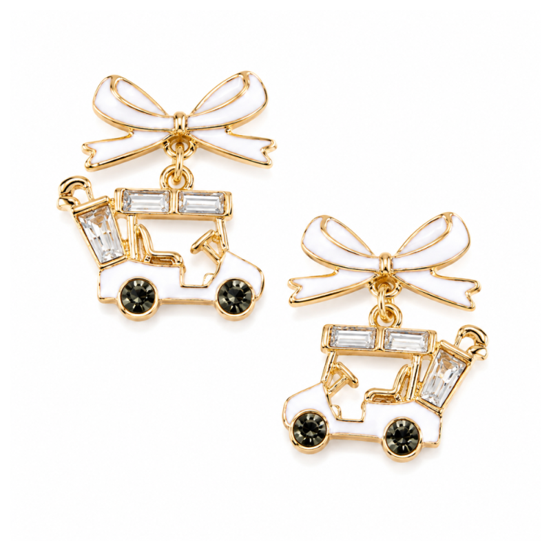 Golf Cart Ribbon Bow CZ Earrings