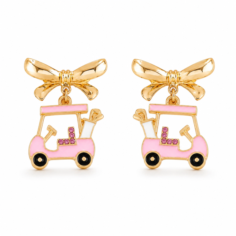 Golf Cart Ribbon Bow Rhinestone Earrings