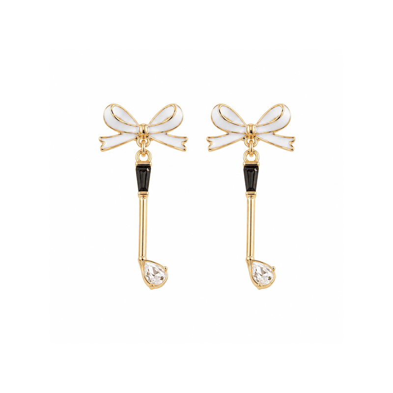 Golf Club Ribbon Bow Rhinestone Earrings