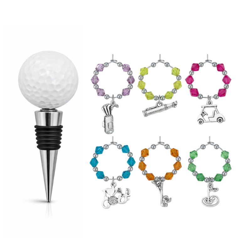 Golf Wine Stopper & Wine Charm Gift Set