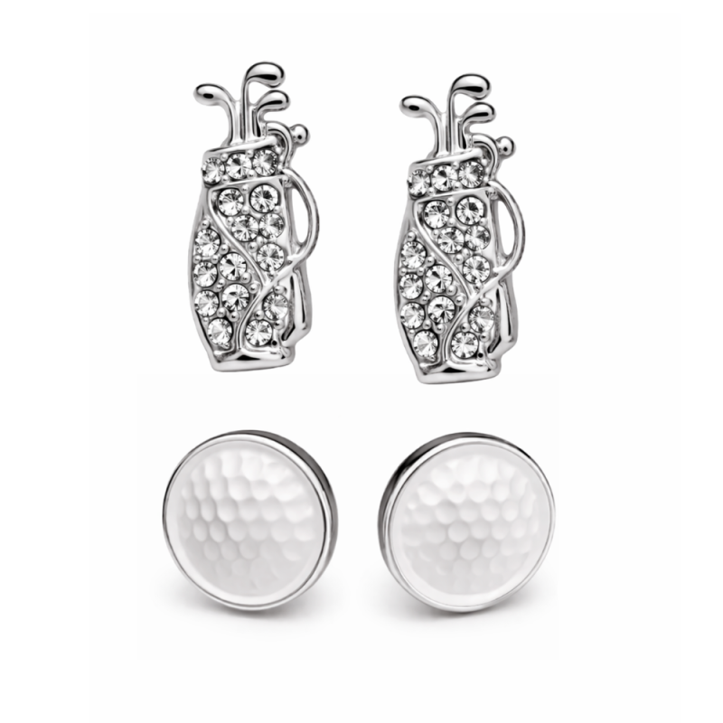 Silver Golf Bag and Golf Ball Stud Earrings Set