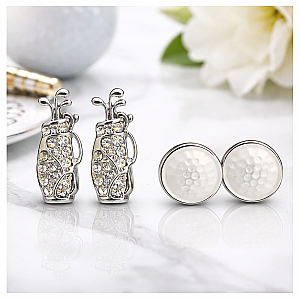 Silver Golf Bag and Golf Ball Stud Earrings Set