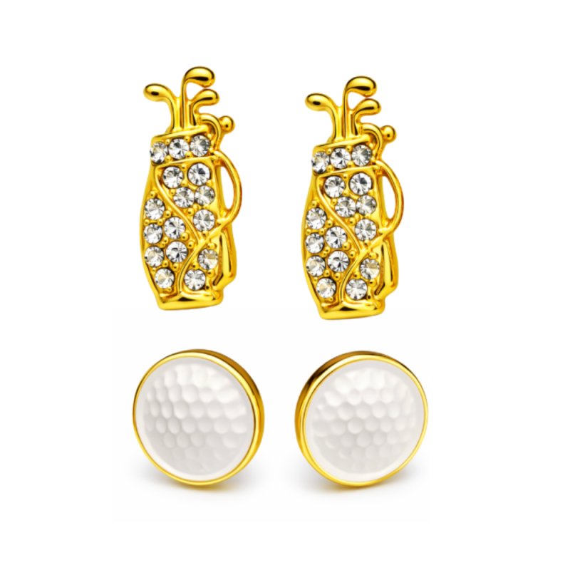Gold Golf Bag and Golf Ball Stud Earrings Set