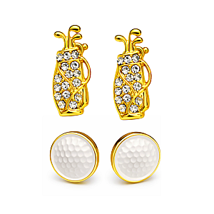 Gold Golf Bag and Golf Ball Stud Earrings Set