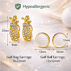 Gold Golf Bag and Golf Ball Stud Earrings Set