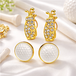 Gold Golf Bag and Golf Ball Stud Earrings Set