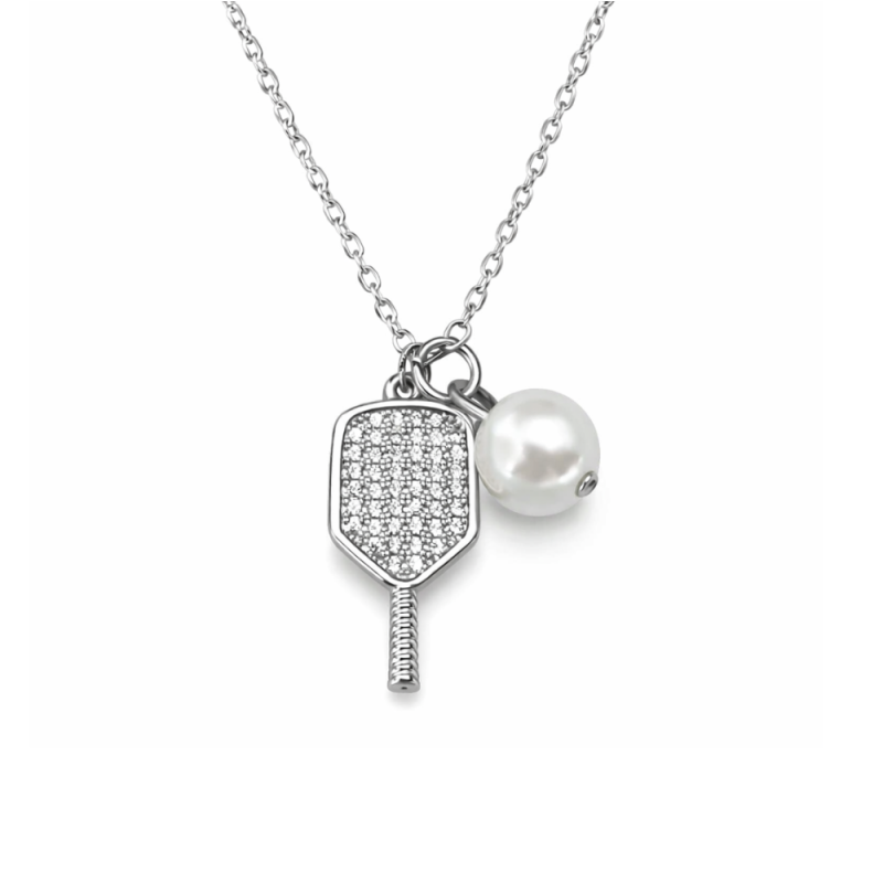 Pickleball Paddle Charm Necklace with Pearl Drop