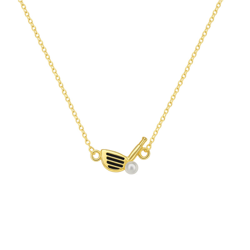 Gold Golf Iron Club Necklace with Pearl Ball Charm