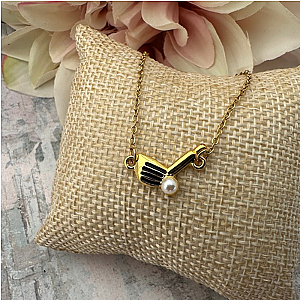 Gold Golf Iron Club Necklace with Pearl Ball Charm