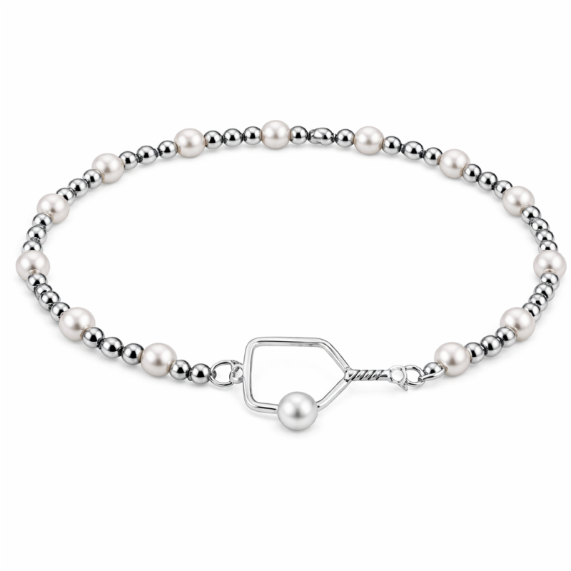 Pickleball Two Tone Silver Pearl Beaded Bracelet