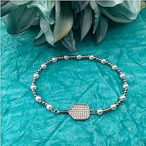 Pickleball Two Tone Silver Pearl Beaded Bracelet
