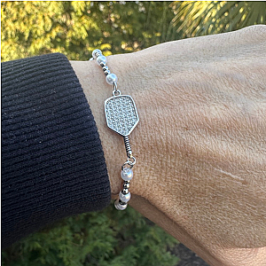 Pickleball Two Tone Silver Pearl Beaded Bracelet