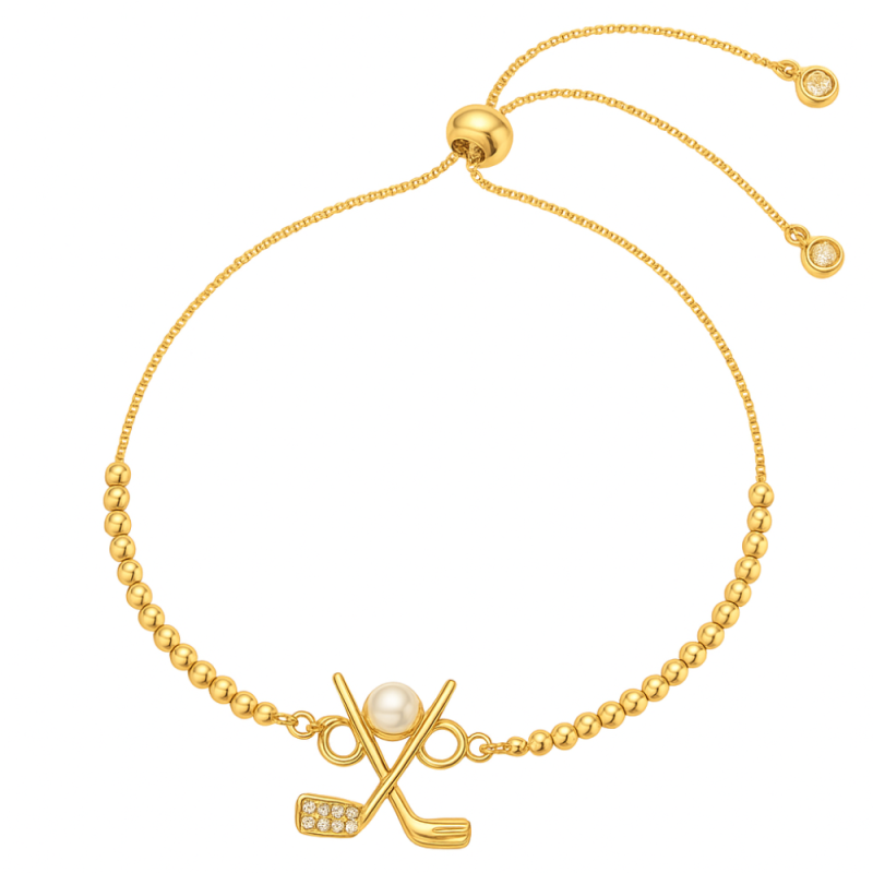 Golf Gold Beaded Charm Slider Bracelet