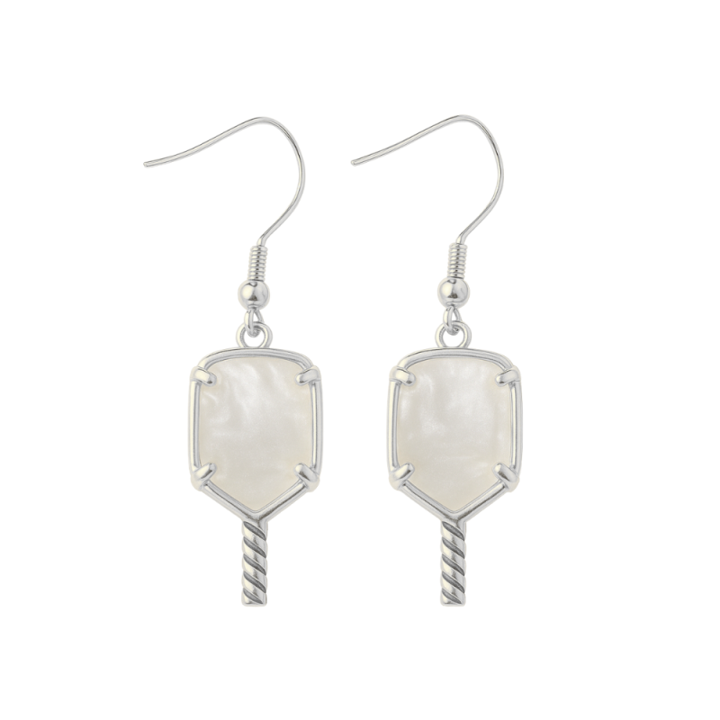 Silver Pickleball Mother of Pearl Dangle Earrings