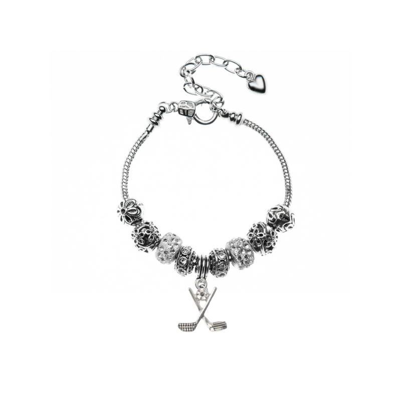 Golf White and Silver European Beaded Charm Bracelet