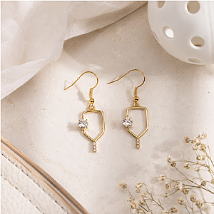 Gold Pickleball Rhinestone Dangle Earrings