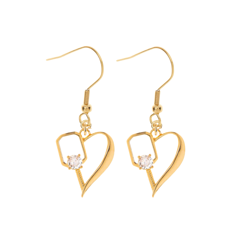 Gold Pickleball Heart Rhinestone Dangle Earrings