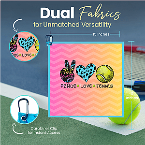 Peace Love Tennis Towel- Microfiber & Cotton Athletic Towels with Carabiner Clip