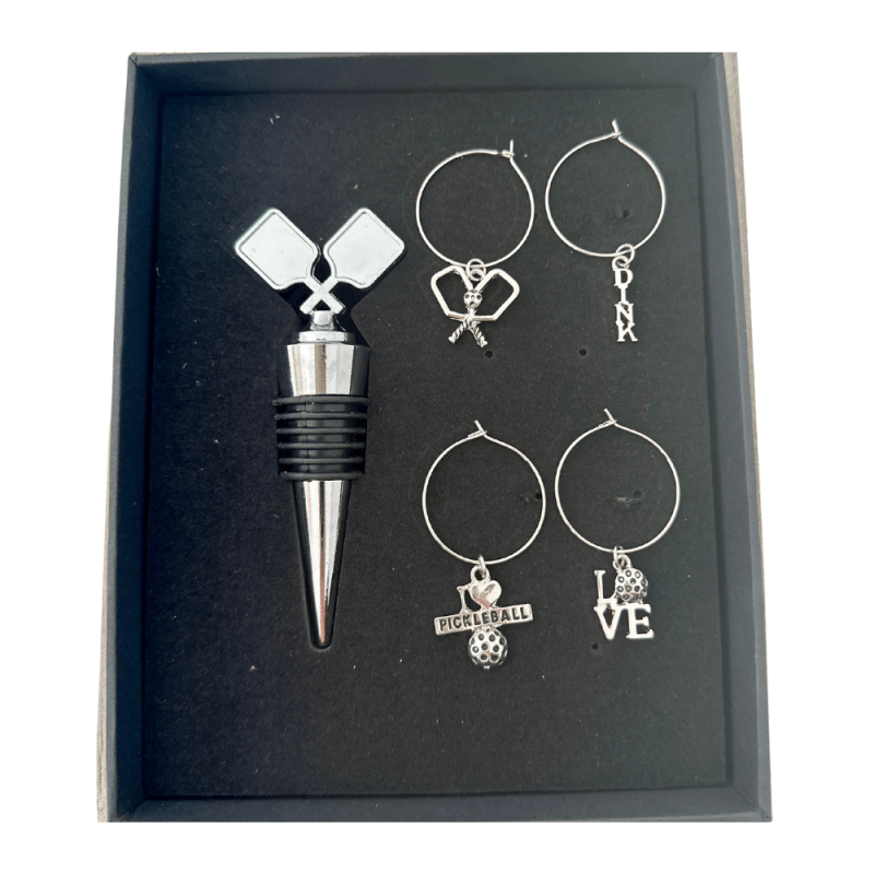 Silver Pickleball Wine Stopper and Charms