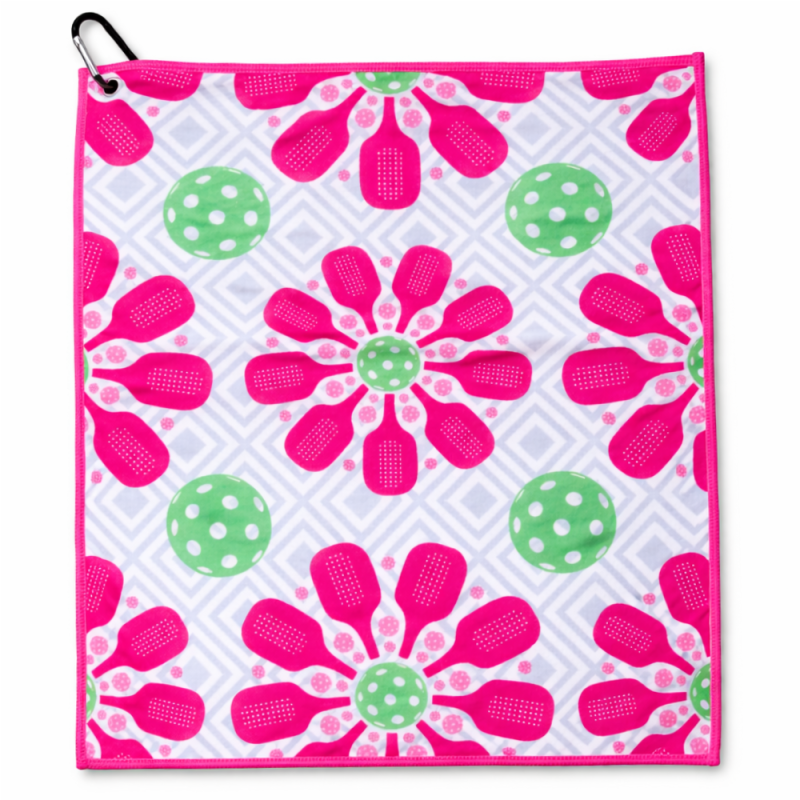 Pickleball Towel - Pink Flower Microfiber & Cotton Towel