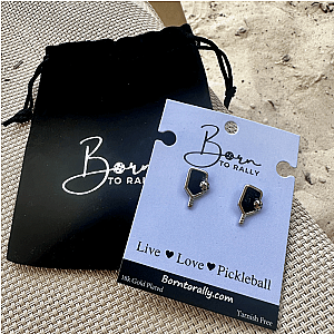 Black and Silver Pickleball Paddle Stud Earrings