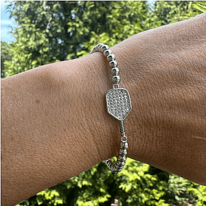 Pickleball Beaded Stretch Rhinestone Bracelet -Silver