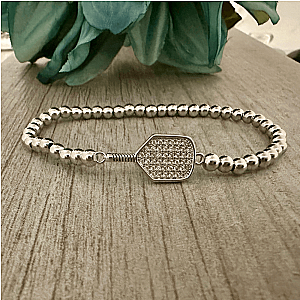 Pickleball Beaded Stretch Rhinestone Bracelet -Silver