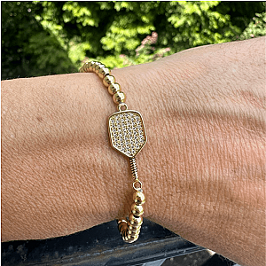 Pickleball Beaded Stretch Rhinestone Bracelet -Gold