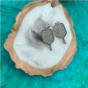Silver CZ Pickleball Paddle Stud Earrings