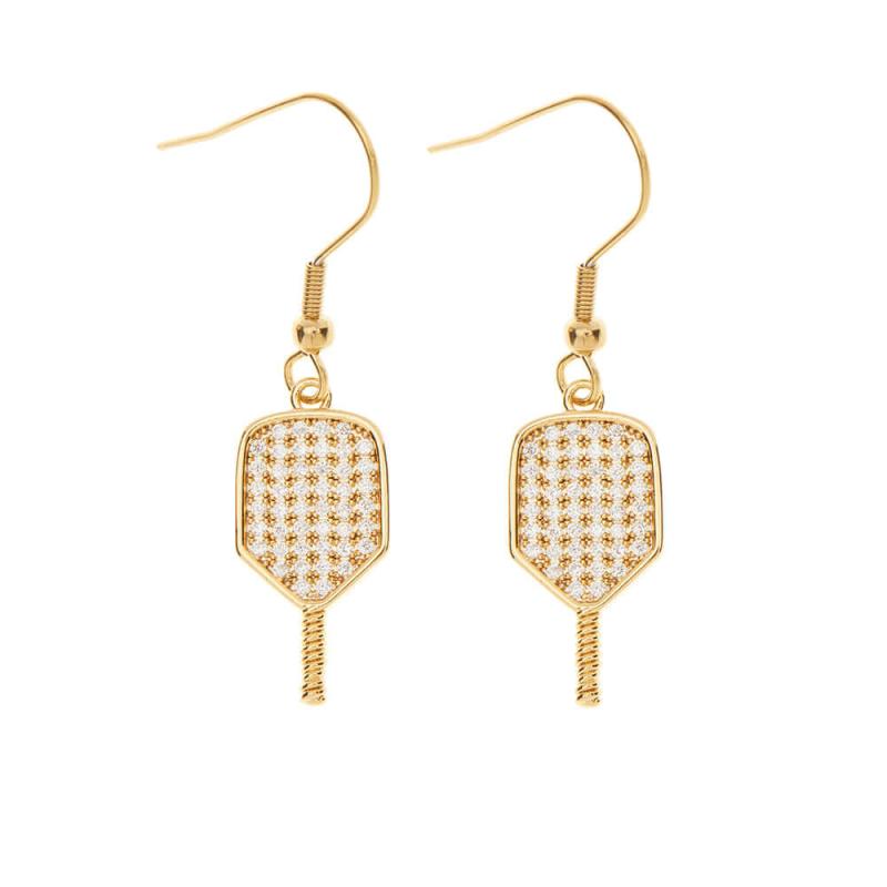 Gold Pickleball Paddle Cz Dangle Earrings