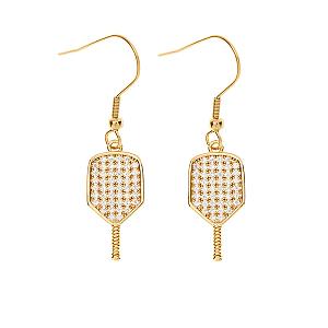 Gold Pickleball Paddle Cz Dangle Earrings