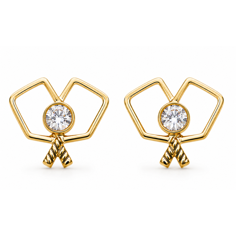 Gold Double Pickleball Paddle CZ Stud Earrings