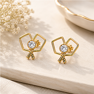 Gold Double Pickleball Paddle CZ Stud Earrings