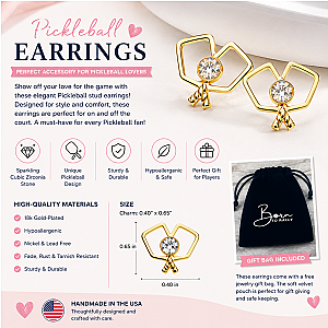 Gold Double Pickleball Paddle CZ Stud Earrings