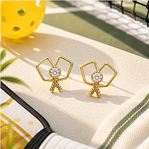 Gold Double Pickleball Paddle CZ Stud Earrings