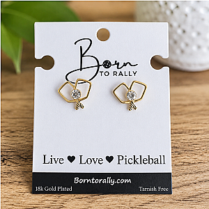 Gold Double Pickleball Paddle CZ Stud Earrings