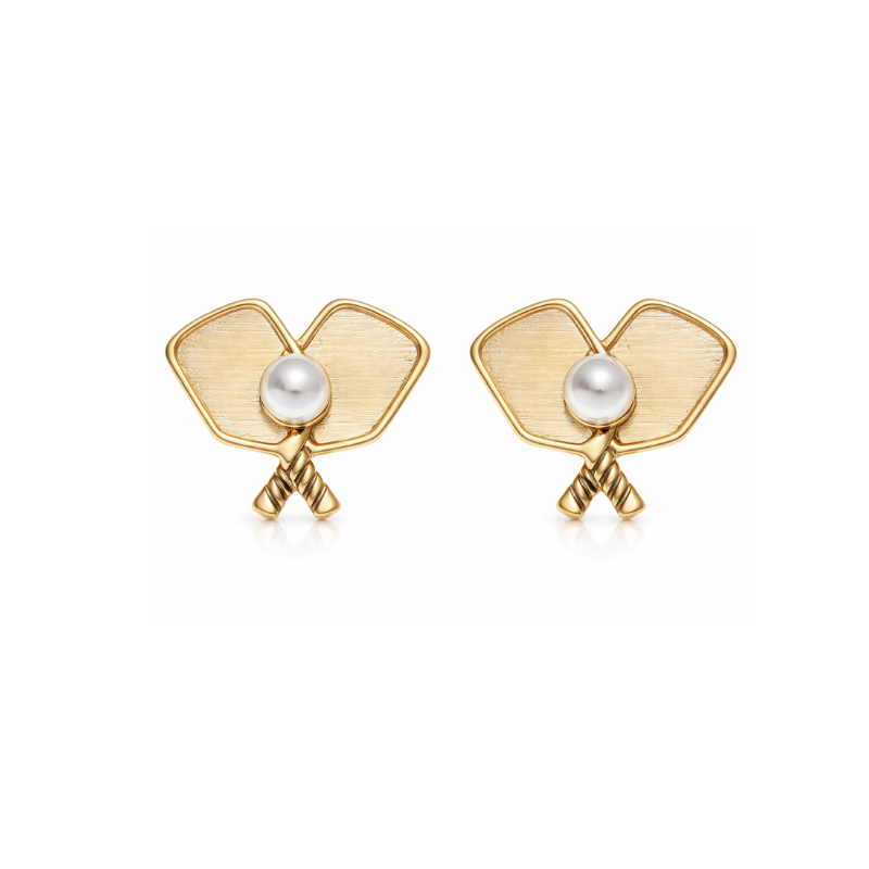 Gold Pickleball Pearl Paddle Stud Earrings