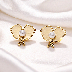 Gold Pickleball Pearl Paddle Stud Earrings