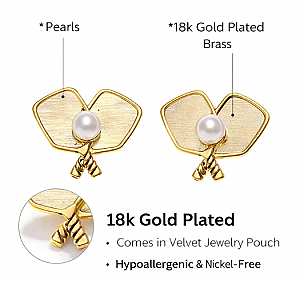Gold Pickleball Pearl Paddle Stud Earrings