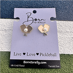 Gold Pickleball Pearl Paddle Stud Earrings